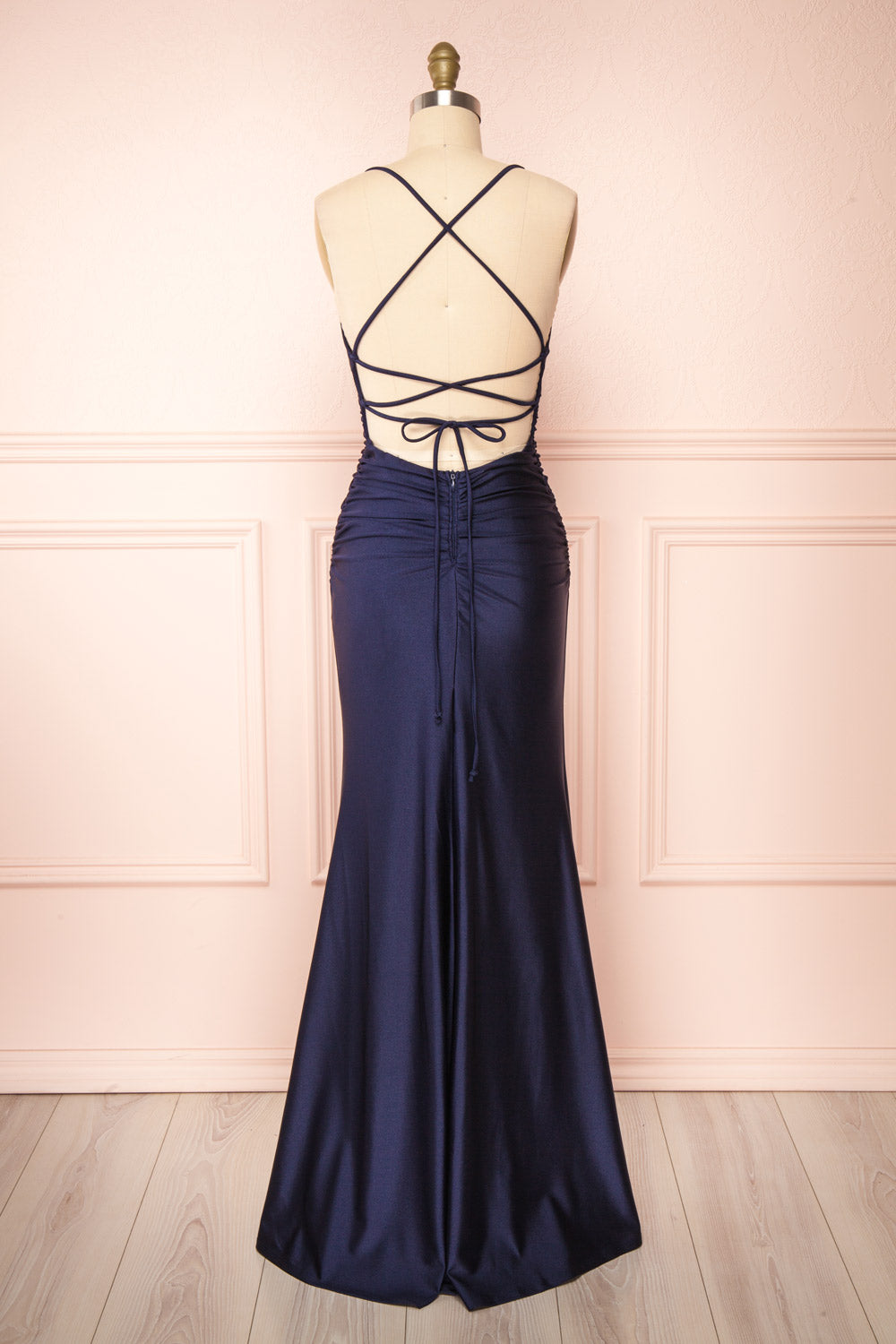 Sonia Navy Mermaid Maxi Dress w/ Slit | Boutique 1861 back view