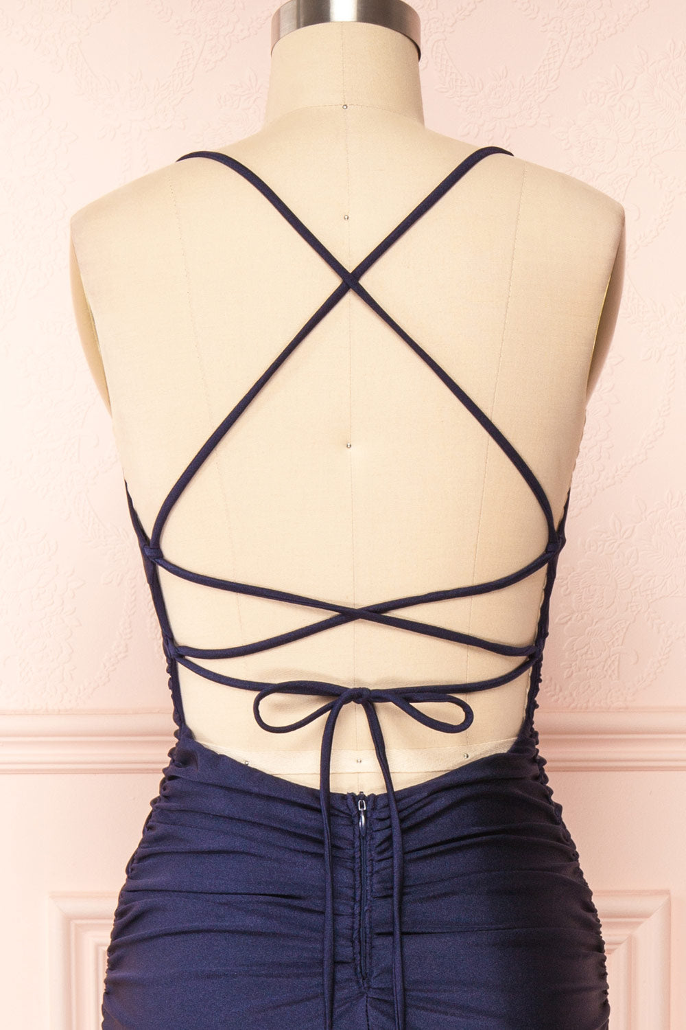 Sonia Navy Mermaid Maxi Dress w/ Slit | Boutique 1861 back close up