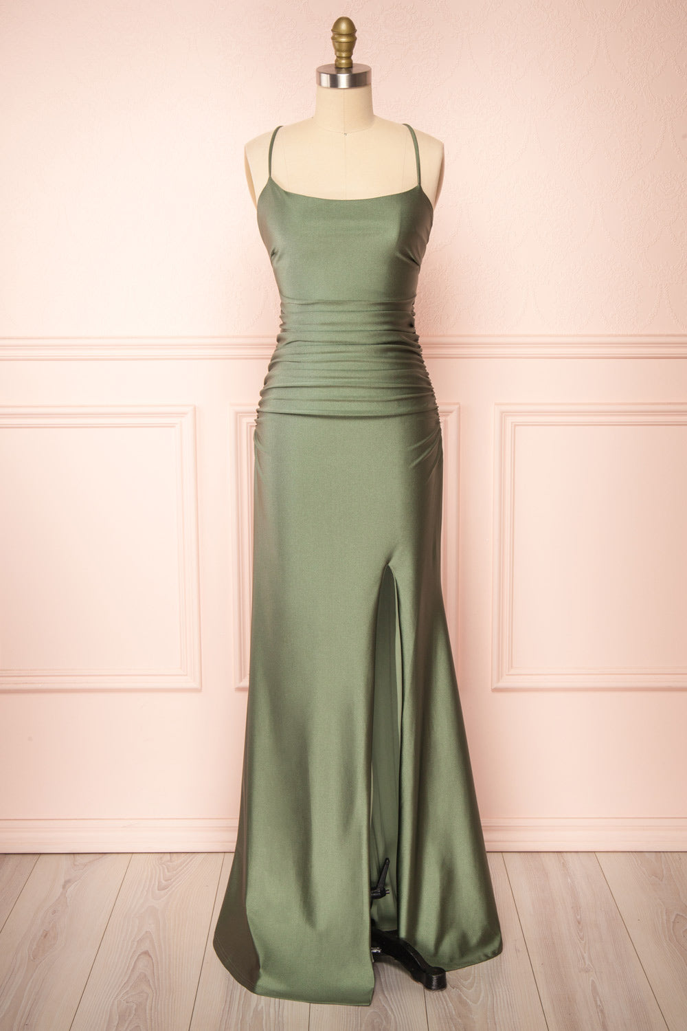 slim fit dress slacks Zapaka Women Sage Green Bridesmaid Dress Long Ruched Satin Deep V-Neck Wedding Party Dress, Sage / US8 main image 1