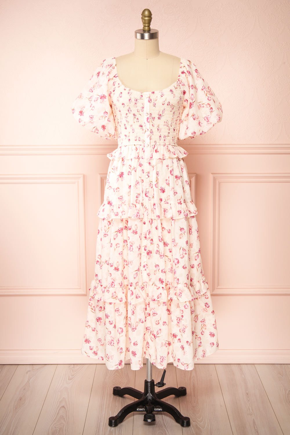 Splendidum Tiered Floral Midi Dress w/ Ruffles | Boutique 1861 - front view
