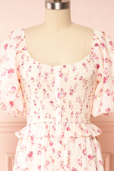 Splendidum Tiered Floral Midi Dress w/ Ruffles | Boutique 1861 - front close up