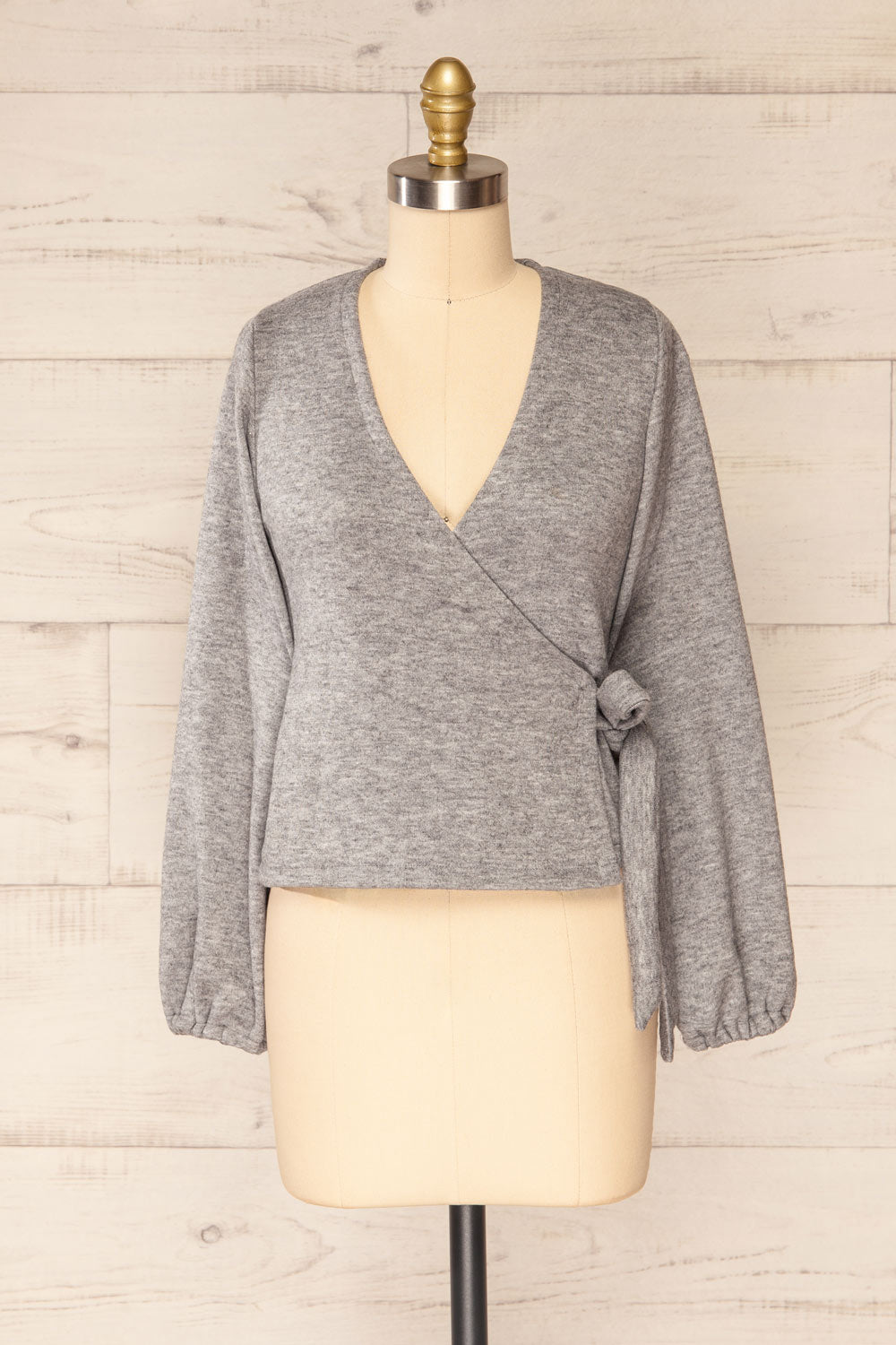 Steria Grey Lantern Sleeve Wrap Top | La petite garçonne front view