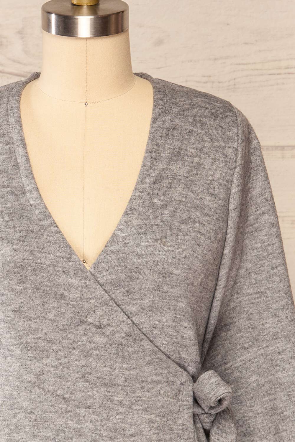 Steria Grey Lantern Sleeve Wrap Top | La petite garçonne front close up