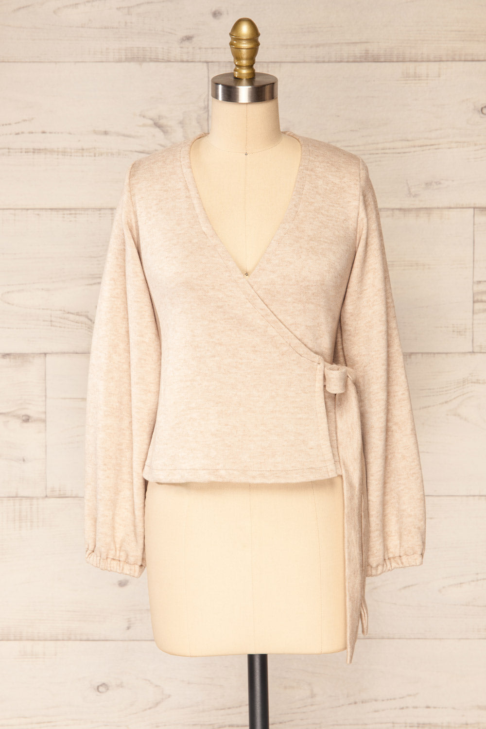 Steria Sand Lantern Sleeve Wrap Top | La petite garçonne front view