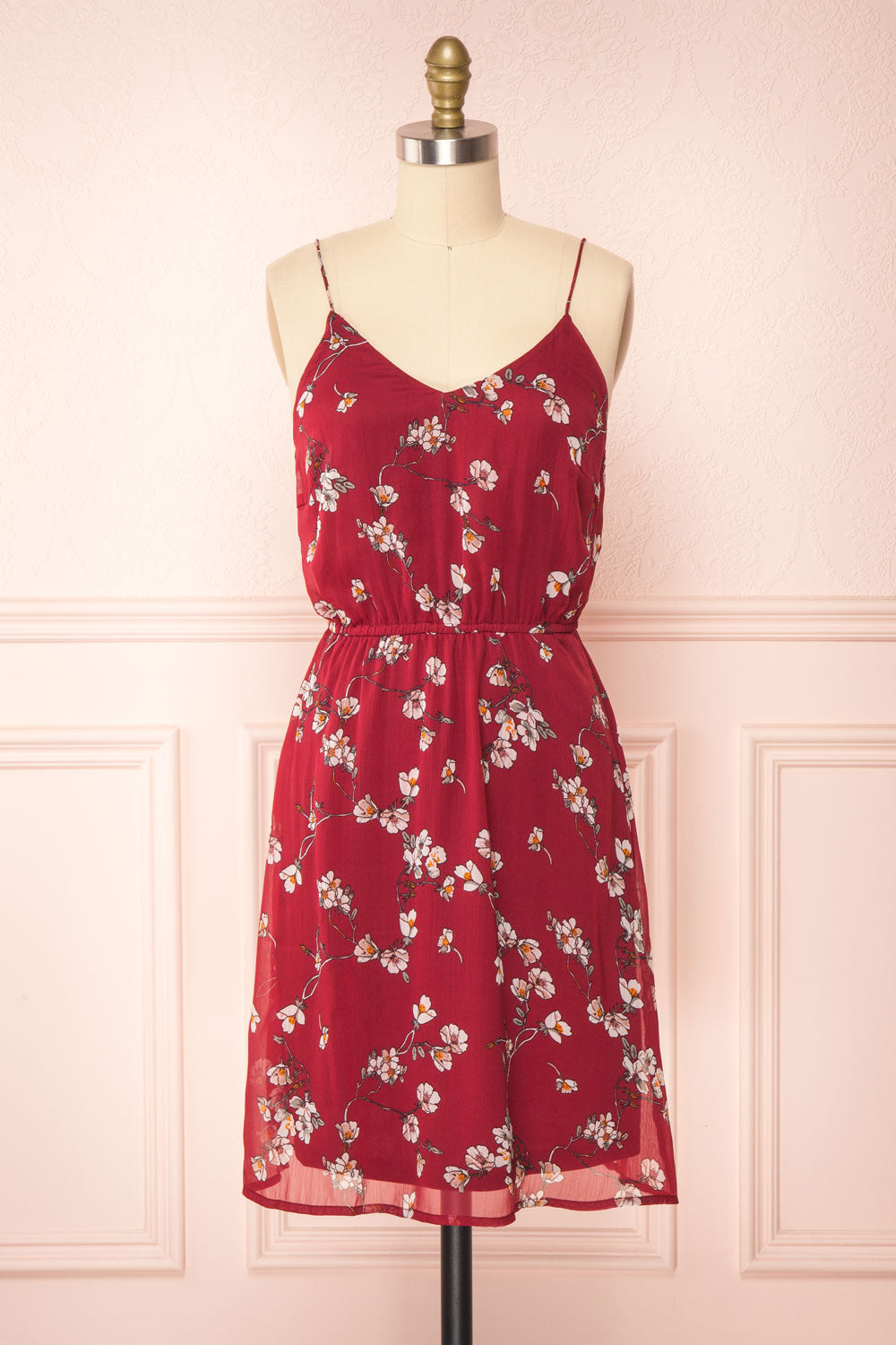 Stine Burgundy Short Floral Dress w/ Thin Straps