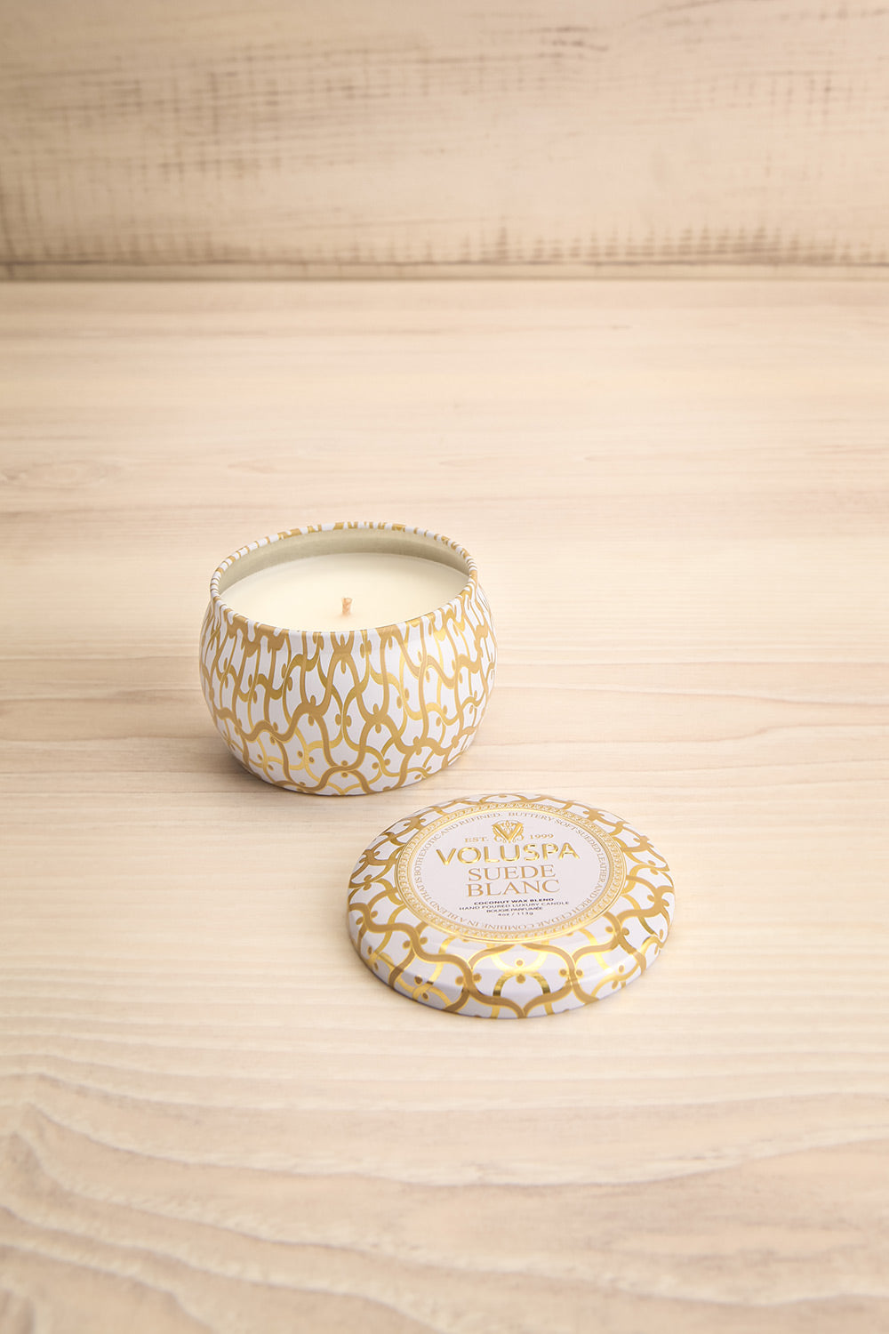 Suede Blanc Mini Tin Candle by Voluspa | Maison garçonne