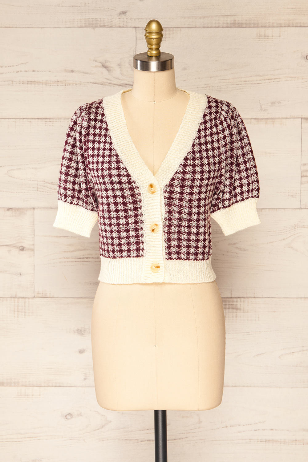 Sveti Burgundy Cropped Cardigan w/ Puff Sleeves | La petite garçonne front view