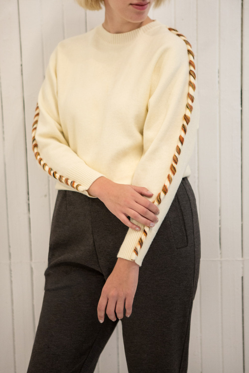Swansea Beige Long Sleeve Knit Sweater | La petite garçonne model