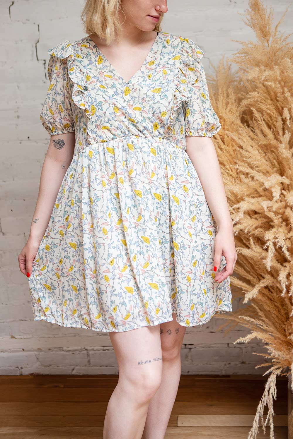 Tabako Pink Short Sleeve Floral V-Neck Dress | Boutique 1861 on model