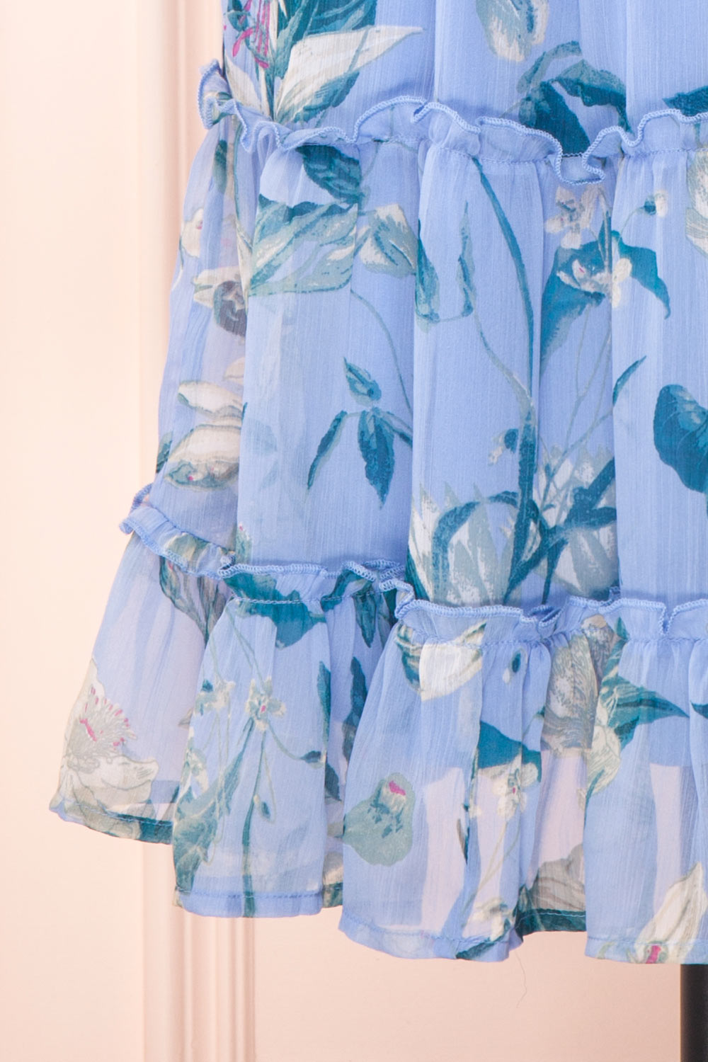 Taya Floral Blue Tiered Short Dress w/ Buttons | Boutique 1861 bottom