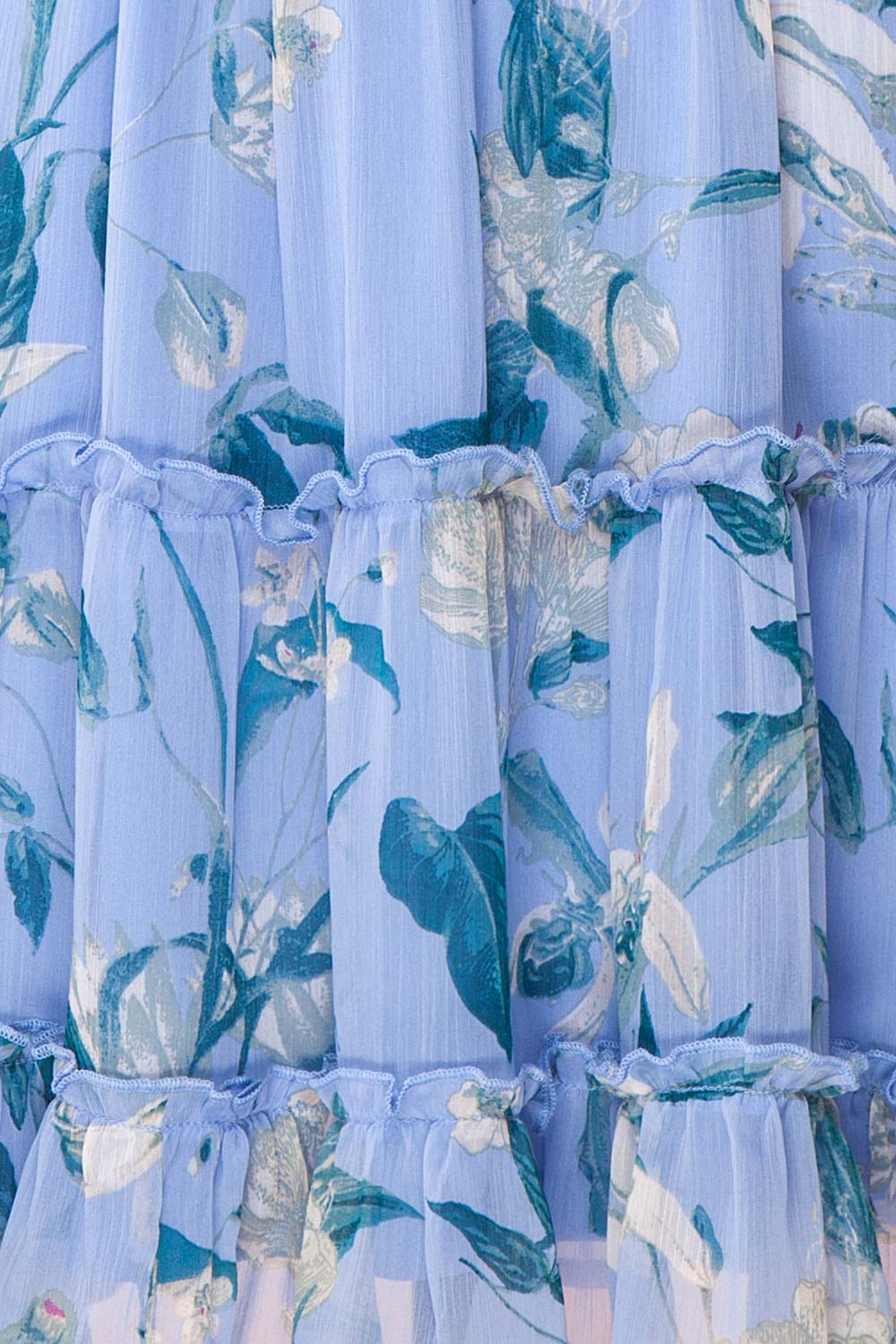 Taya Floral Blue Tiered Short Dress w/ Buttons | Boutique 1861 fabric