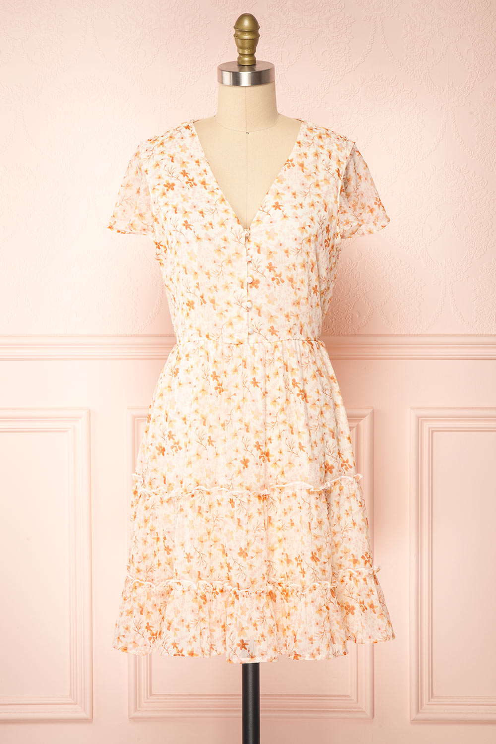 Taya Floral Cream Tiered Short Dress w/ Buttons | Boutique 1861 front view
