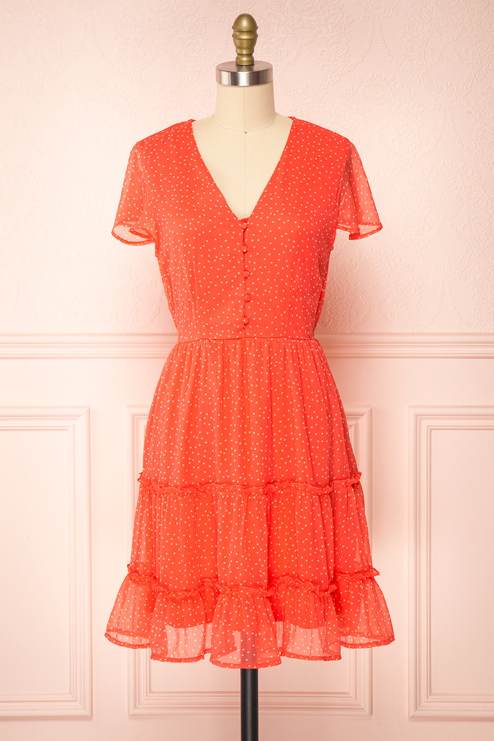 Taya Polka Dot Red Tiered Short Dress w/ Buttons | Boutique 1861 front view