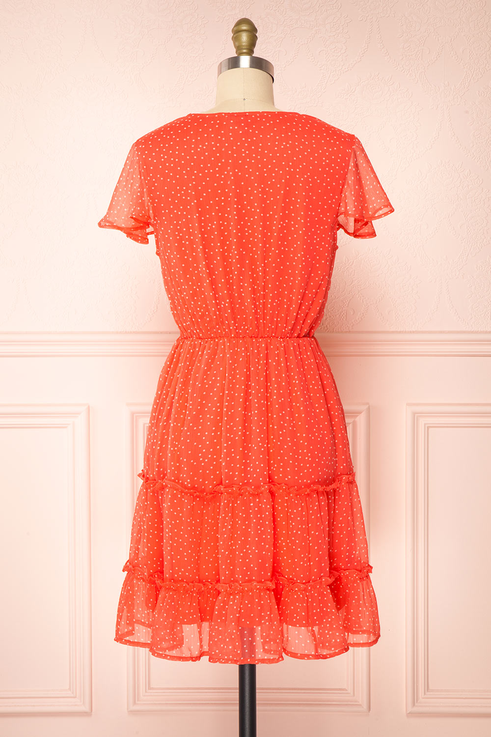 Taya Polka Dot Red Tiered Short Dress w/ Buttons | Boutique 1861 back view