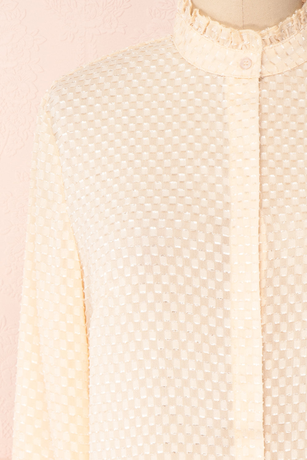 Tayce Pink Beige Shirt with Stand Collar and Plumetis | Boutique 1861 front close-up