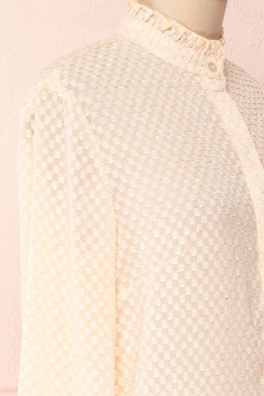 Tayce Pink Beige Shirt with Stand Collar and Plumetis | Boutique 1861 side close-up