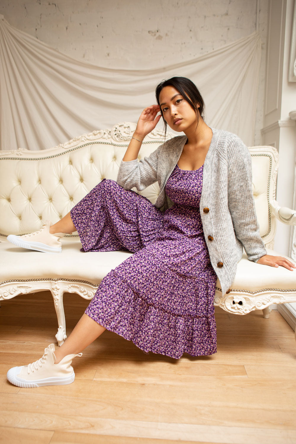 Coronis Purple Layered Floral Jumpsuit | La petite garçonne on model