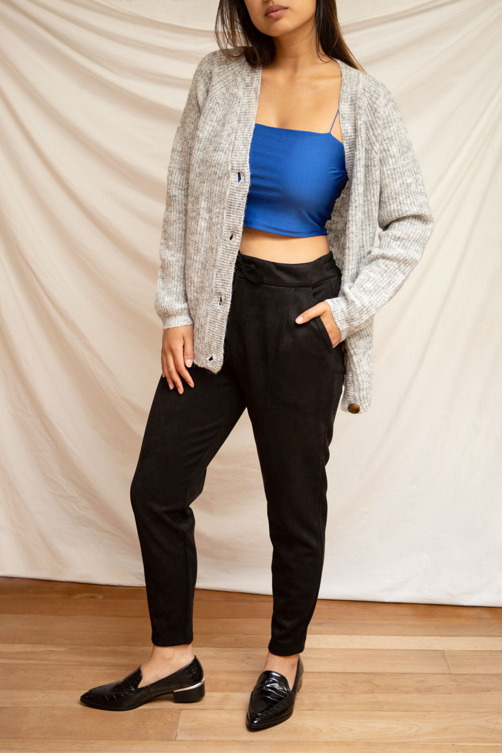 Istra Blue Thin Strap Silky Crop Top | La petite garçonne on model