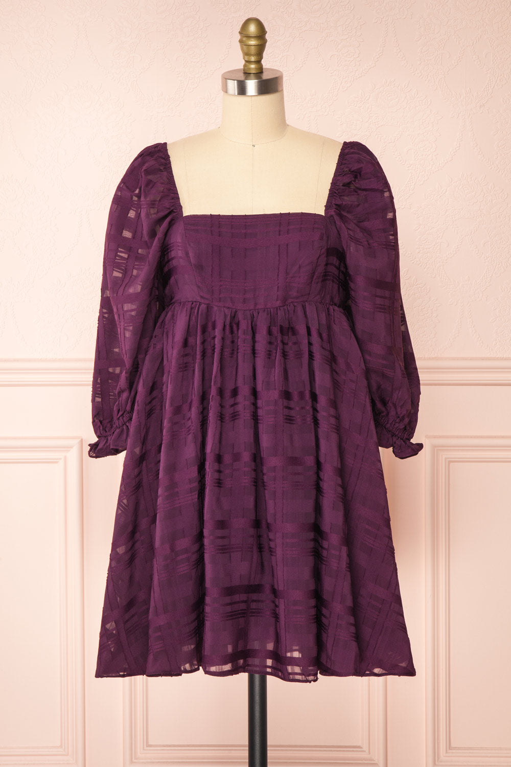 Temperanse Short Burgundy Plaid Dress w/ Puffy Sleeves | Boutique 1861 Small