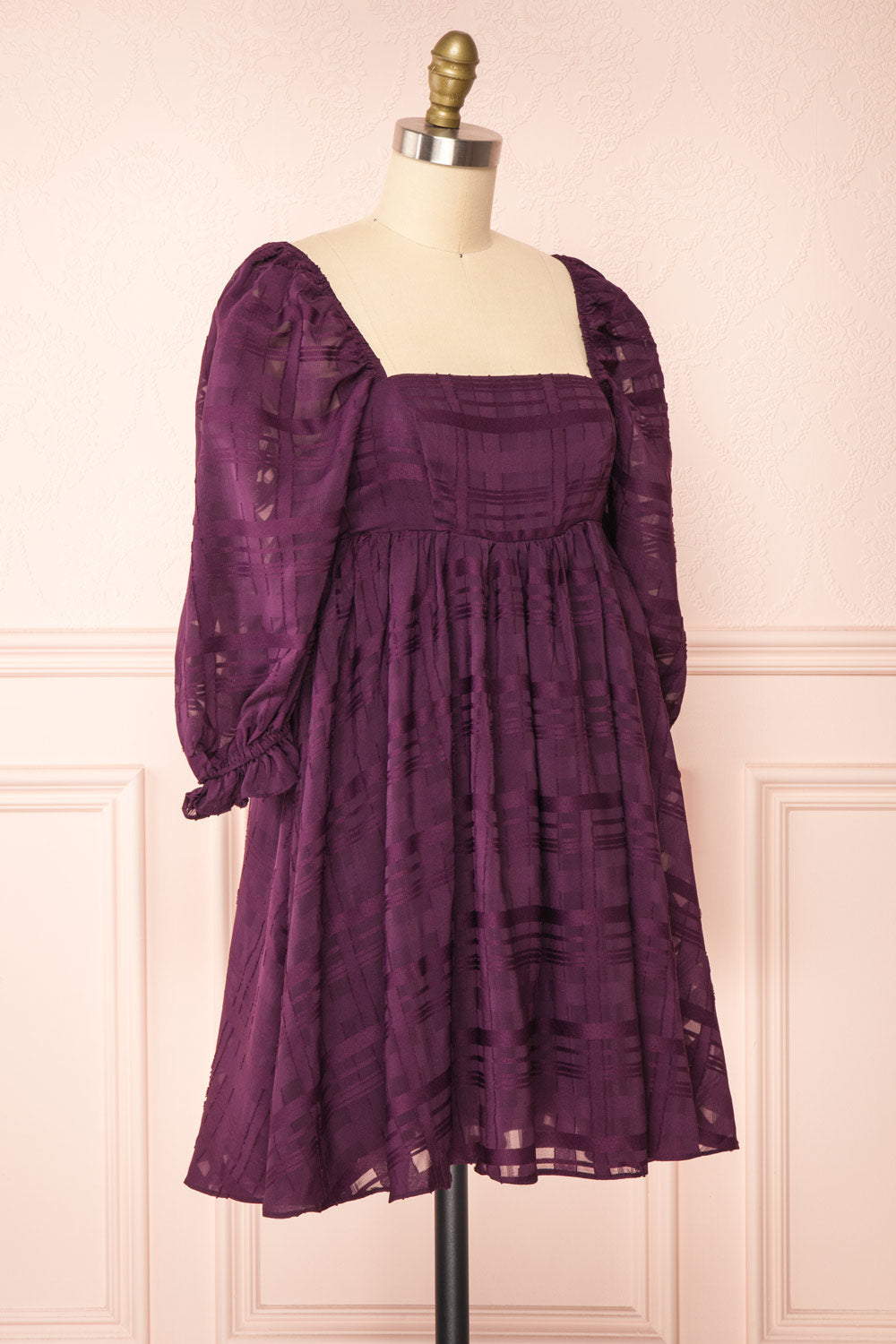 Temperanse Short Burgundy Plaid Dress w/ Puffy Sleeves | Boutique 1861 side view