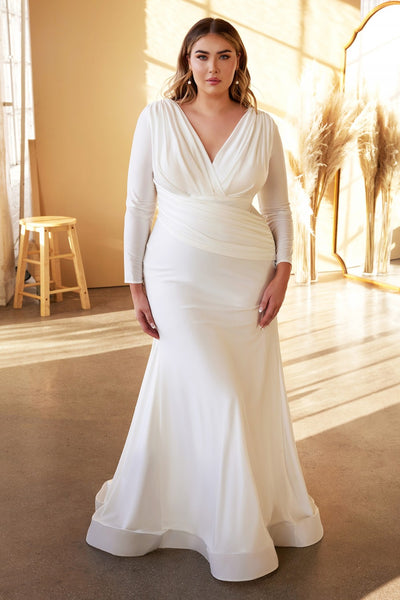 Teresa V-Neck Satin Maxi Bridal Gown | Boudoir 1861 plus size on model