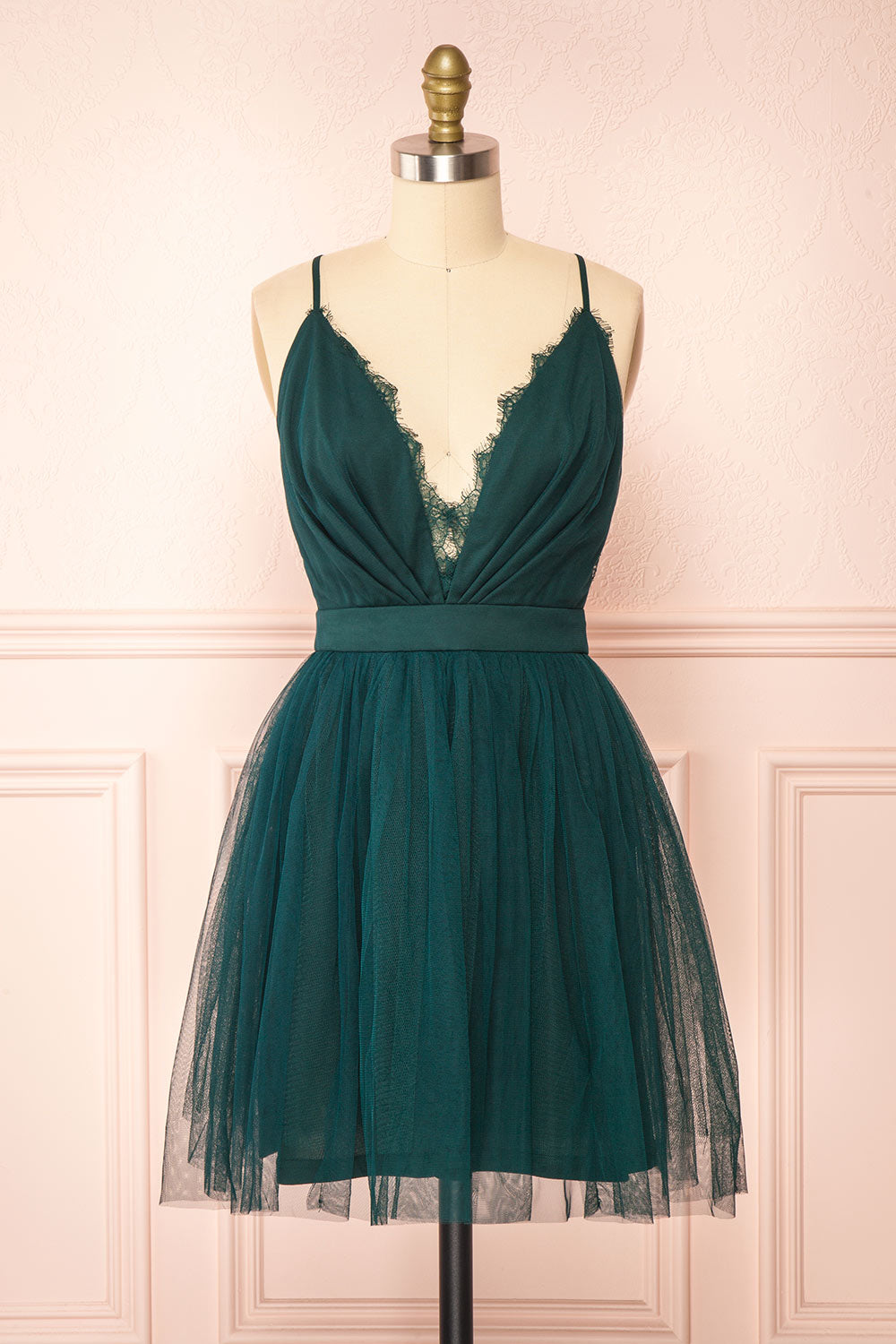Tessa Emerald Short Tulle Dress w/ Plunging Neckline | Boutique 1861 front view