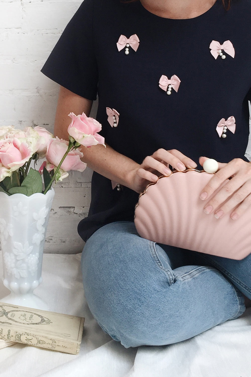 Jehane Loose Navy T-Shirt with Pink Bows & Pearls | Boutique 1861 2
