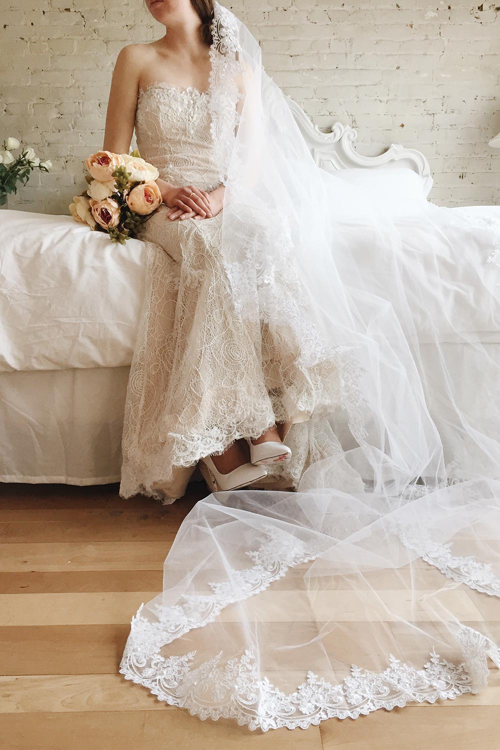 Teura | White & Beige Embroidered Bustier Gown w/ Train