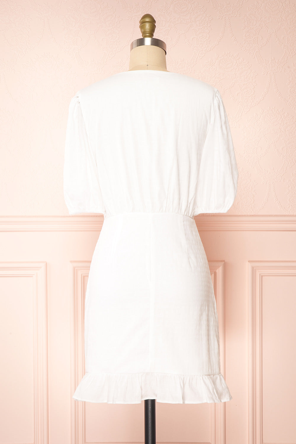 Theda Faux-Wrap Fitted Dress with Ruffled Hem | Boutique 1861 back view