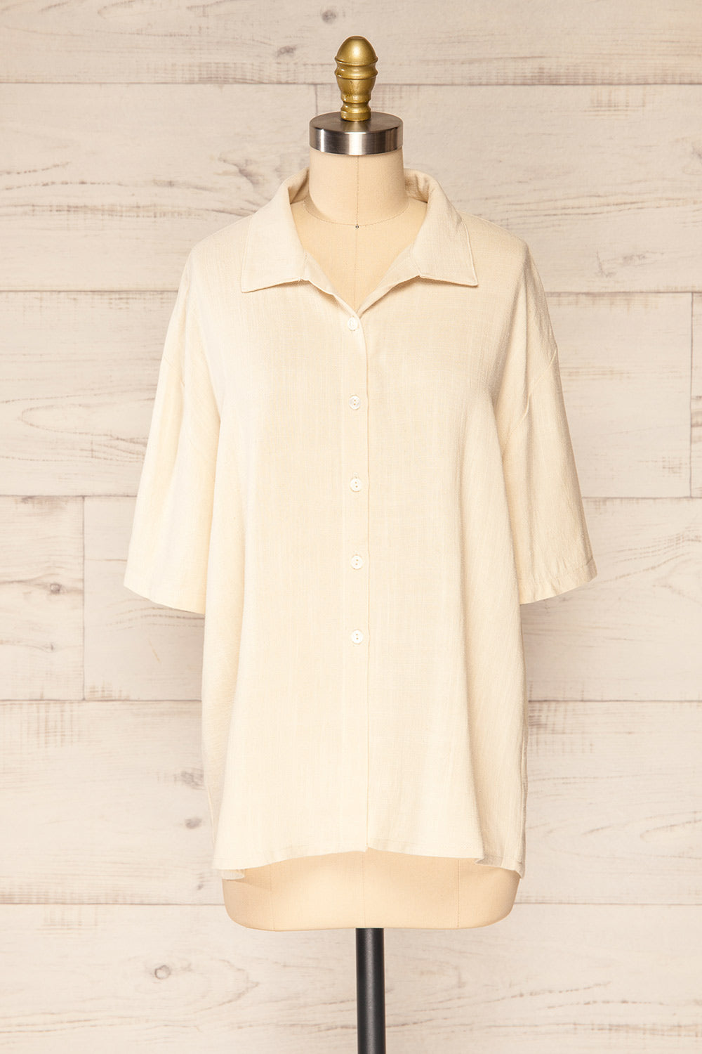Thelma Beige Short Sleeves Button Up Shirt | La petite garçonne front view