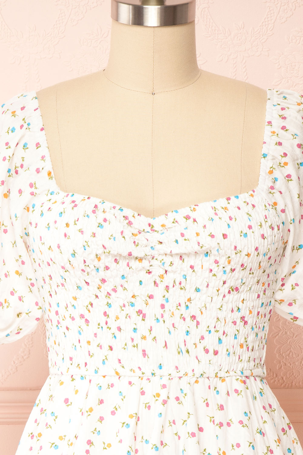 Theodora Floral Babydoll Dress w/ Sweetheart Neckline | Boutique 1861 frotn close up