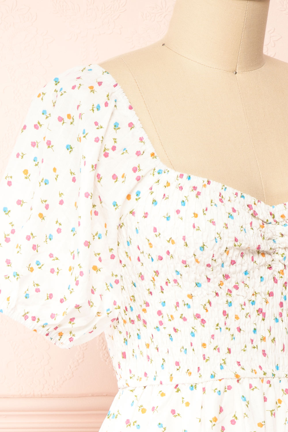 Theodora Floral Babydoll Dress w/ Sweetheart Neckline | Boutique 1861 side close up