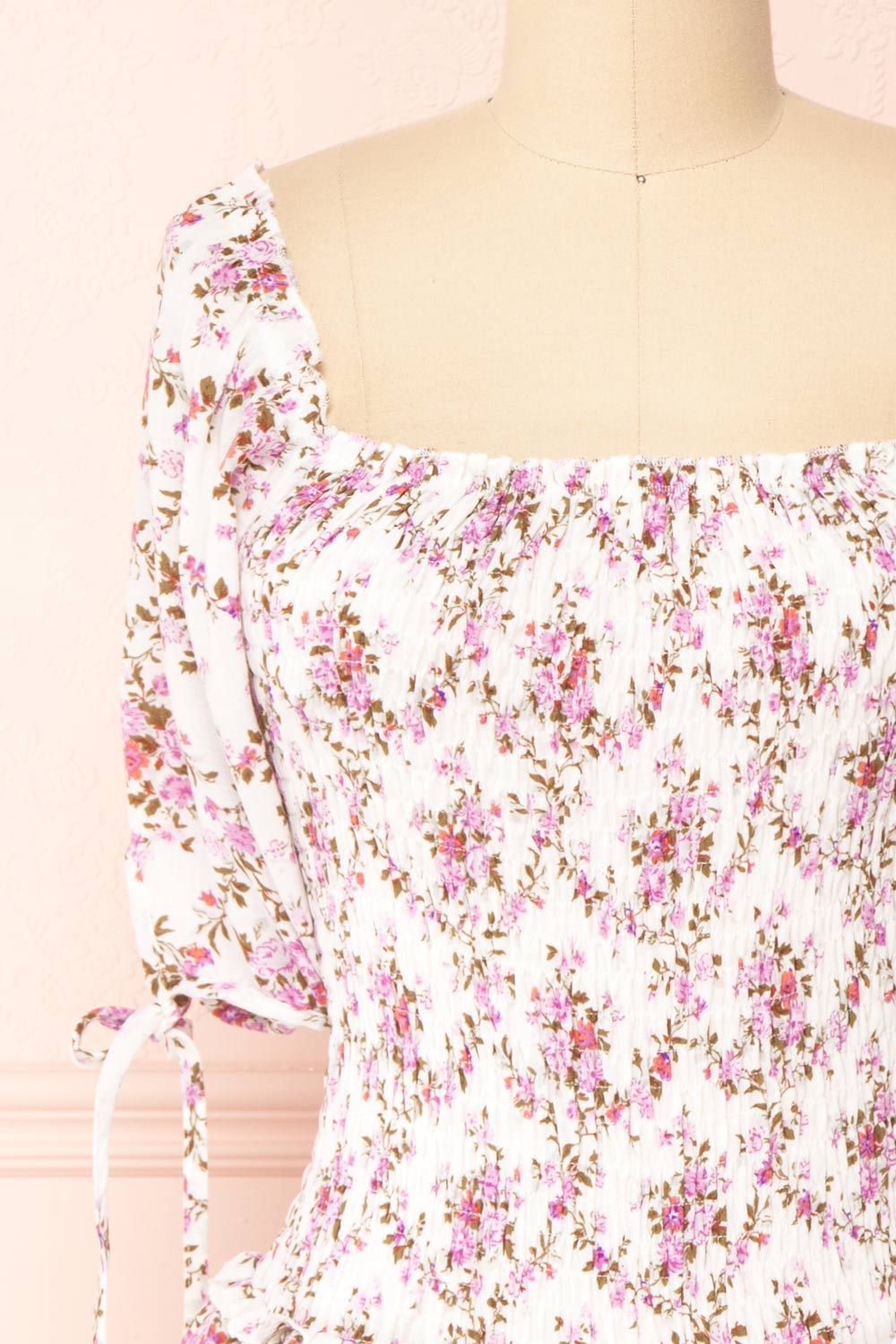 Tiare White Ruched Puffy Sleeve Short Dress | Boutique 1861 front close-up