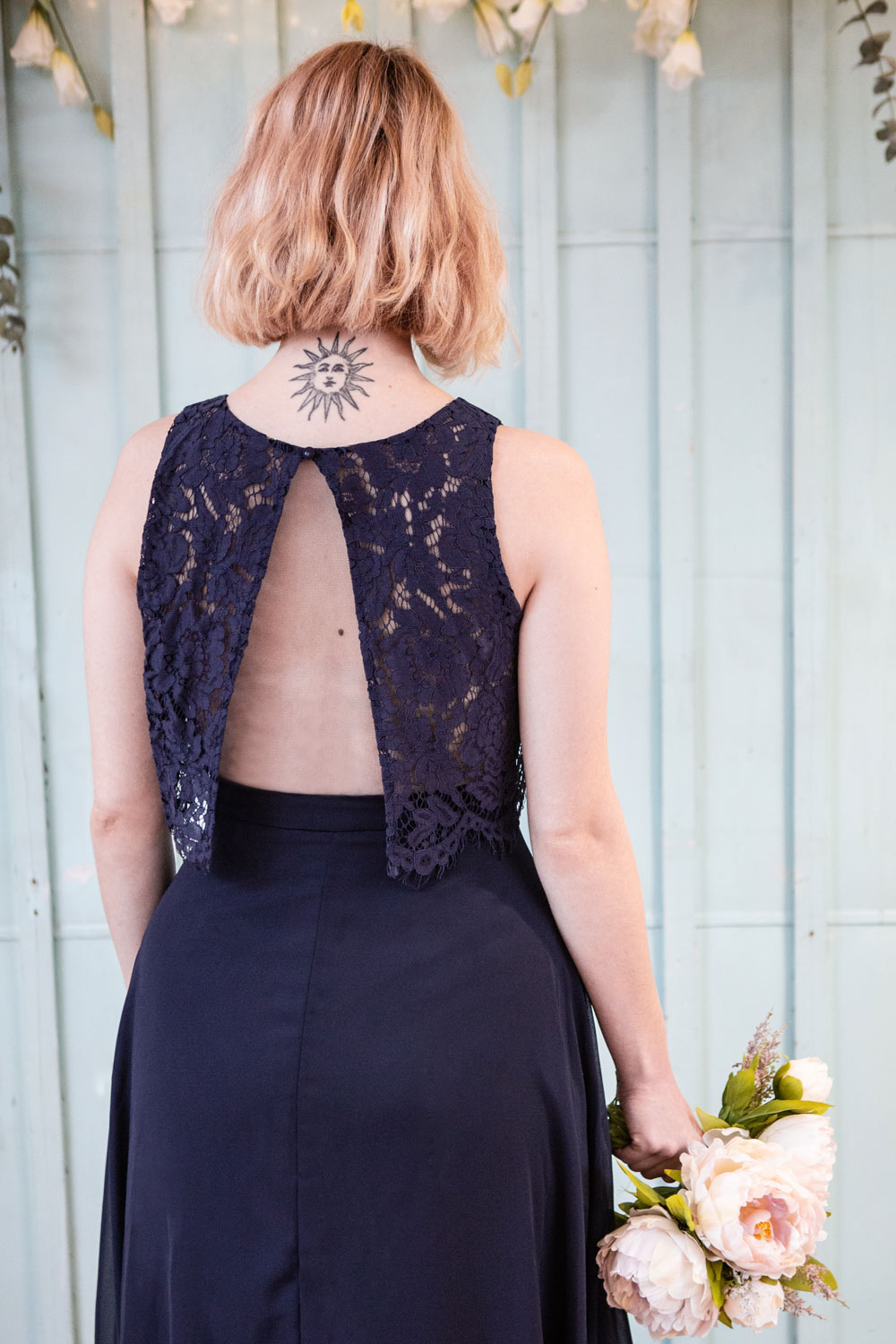 Timothea Navy Blue Maxi Dress w/ Lace Top | Boutique 1861 navy back