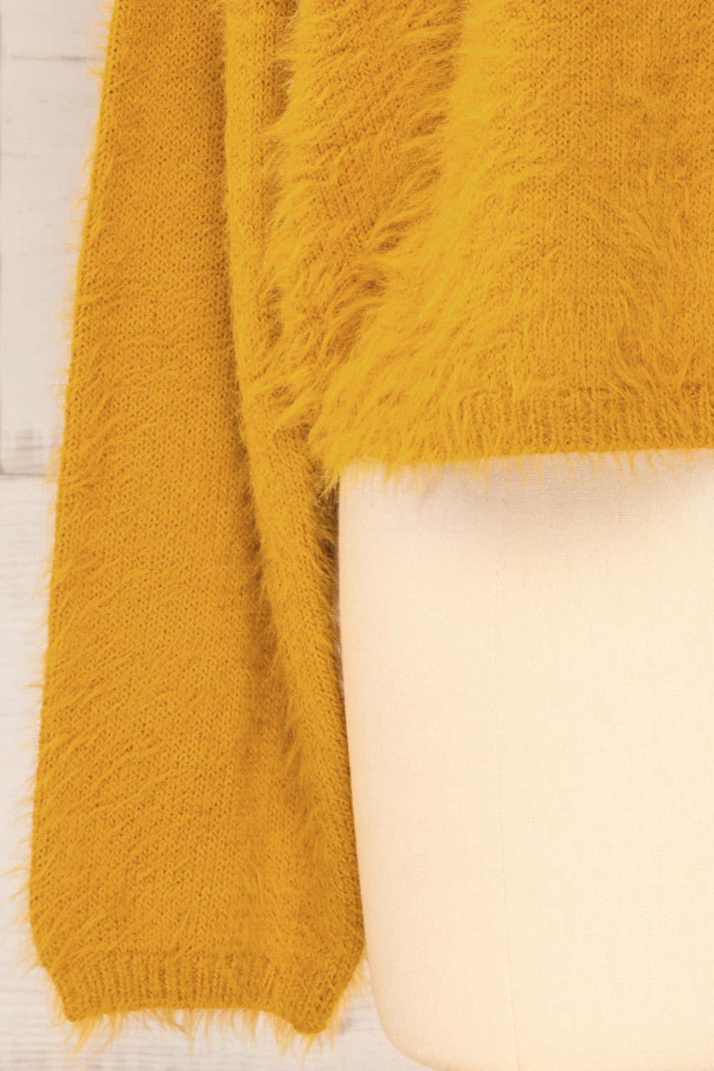 Titania Mustard Fuzzy Turtleneck Sweater | La petite garçonne sleeve
