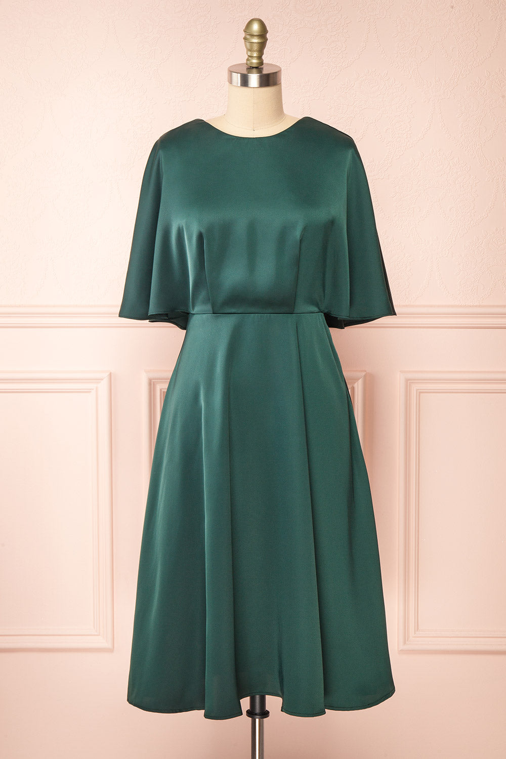 Tordis Green Satin Midi Dress w/ Bell Sleeves | Boutique 1861 front view