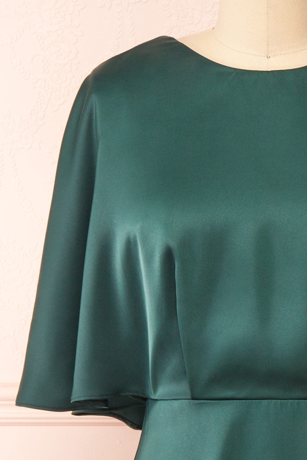 Tordis Green Satin Midi Dress w/ Bell Sleeves | Boutique 1861 front close-up