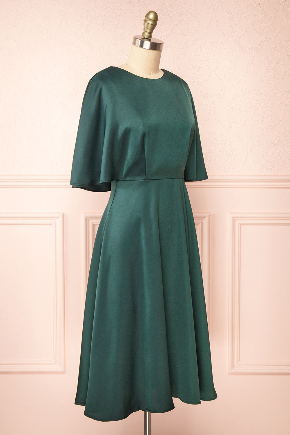 Tordis Green Satin Midi Dress w/ Bell Sleeves | Boutique 1861 side view