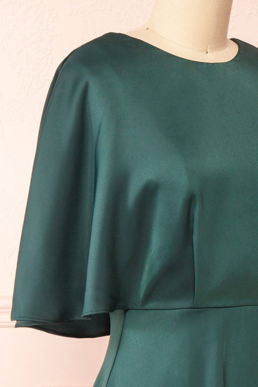 Tordis Green Satin Midi Dress w/ Bell Sleeves | Boutique 1861 side close-up