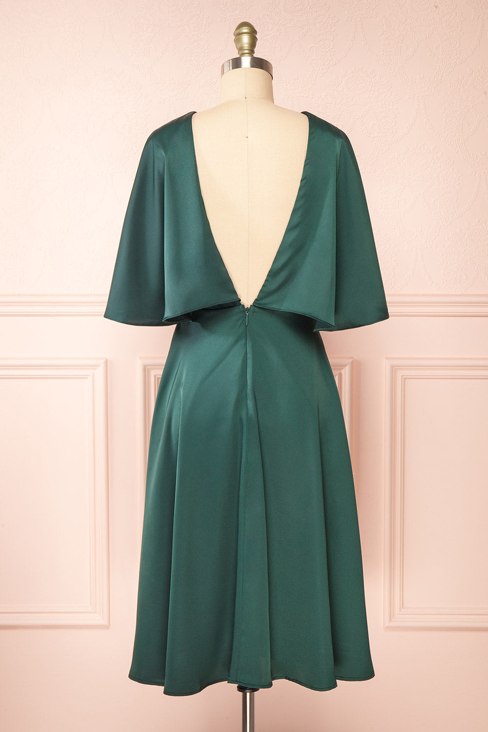 Tordis Green Satin Midi Dress w/ Bell Sleeves | Boutique 1861 back view