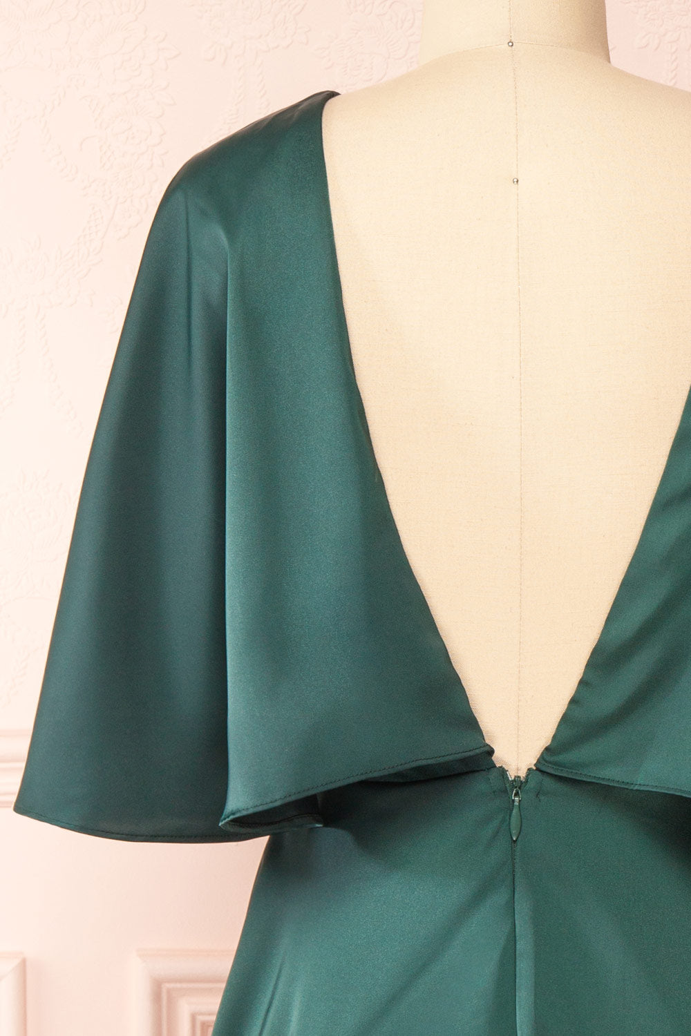 Tordis Green Satin Midi Dress w/ Bell Sleeves | Boutique 1861 back close-up