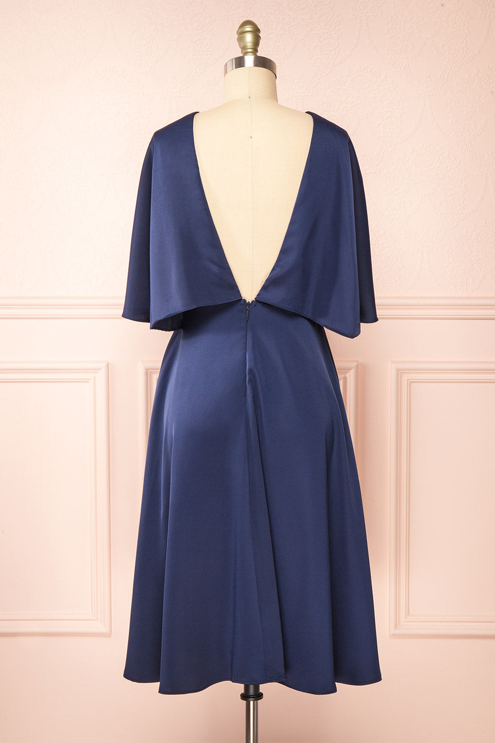 Tordis Navy Satin Midi Dress w/ Bell Sleeves