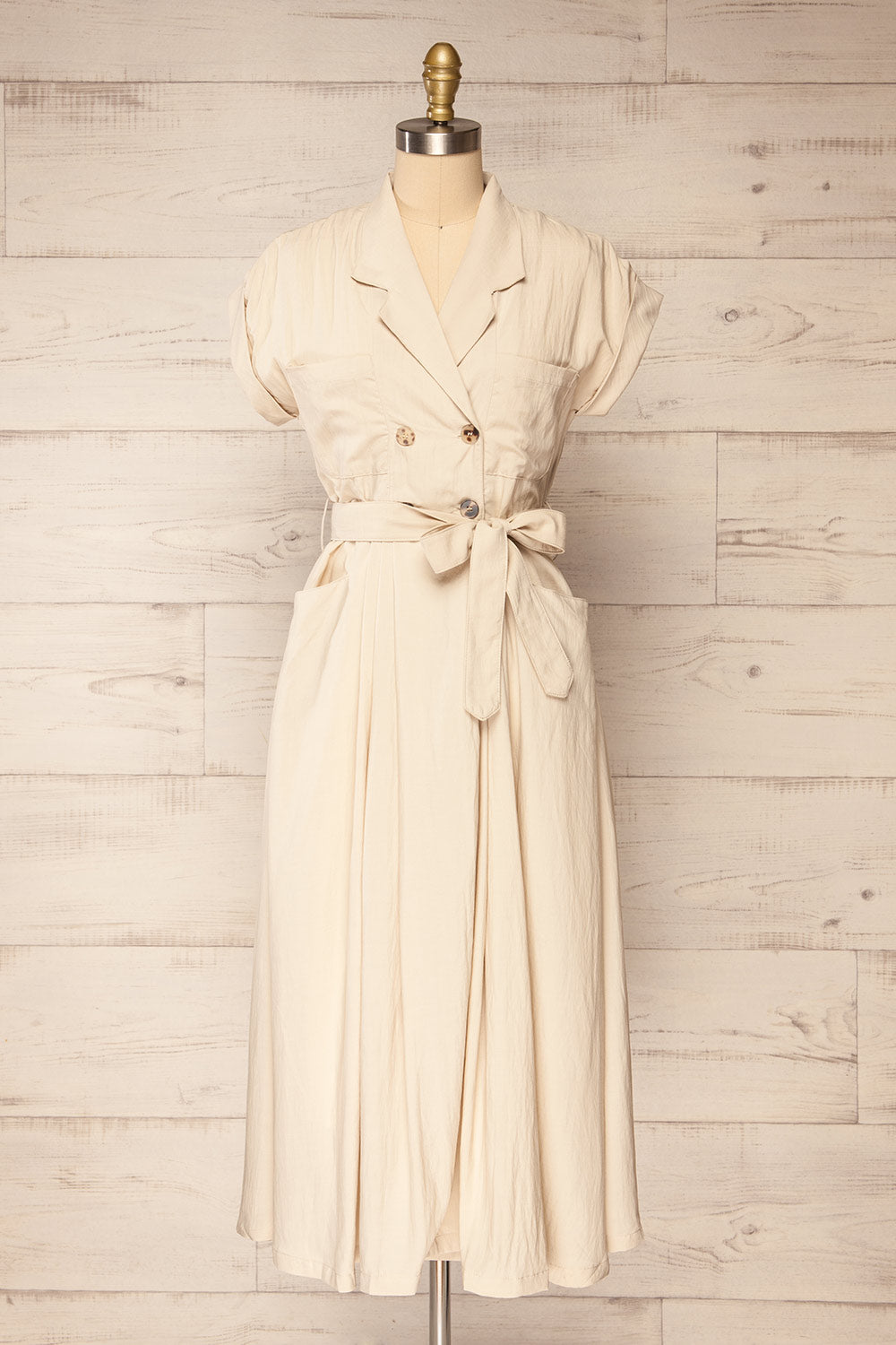 Torrelavega Beige Midi Dress w/ Pockets and Belt | La petite garçonne front view