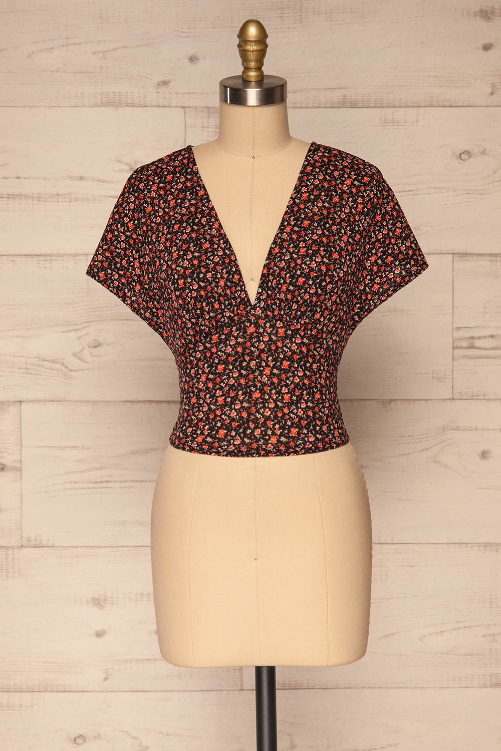 Torva Red Floral Short Sleeved Crop Top | La petite garçonne front view