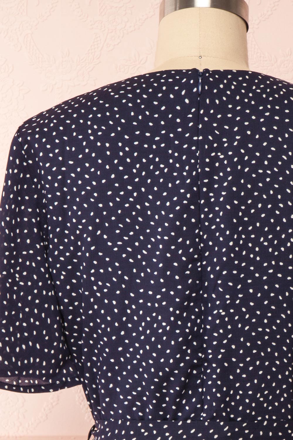 Traudel Navy Patterned Faux Wrap Dress | Boutique 1861 back close up