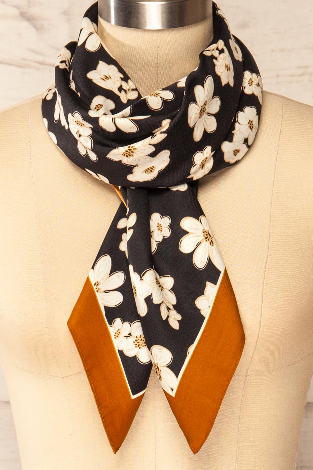Trelleborg Navy Floral Satin Scarf | La petite garçonne front close-up