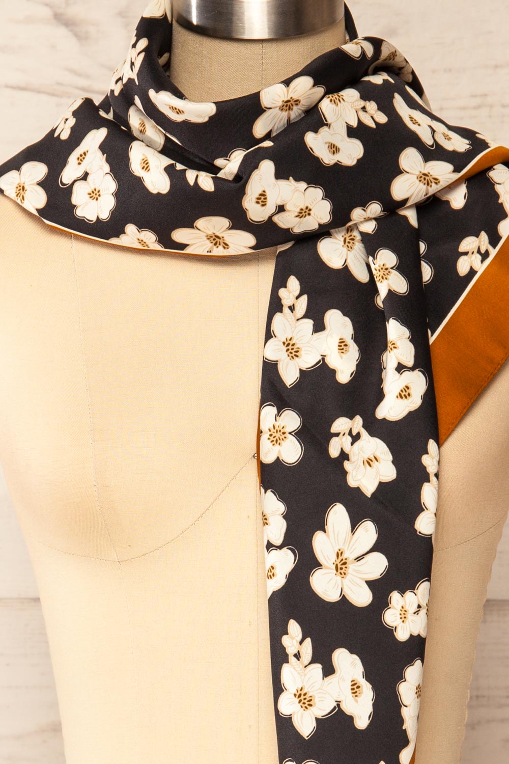 Trelleborg Navy Floral Satin Scarf | La petite garçonne side close-up