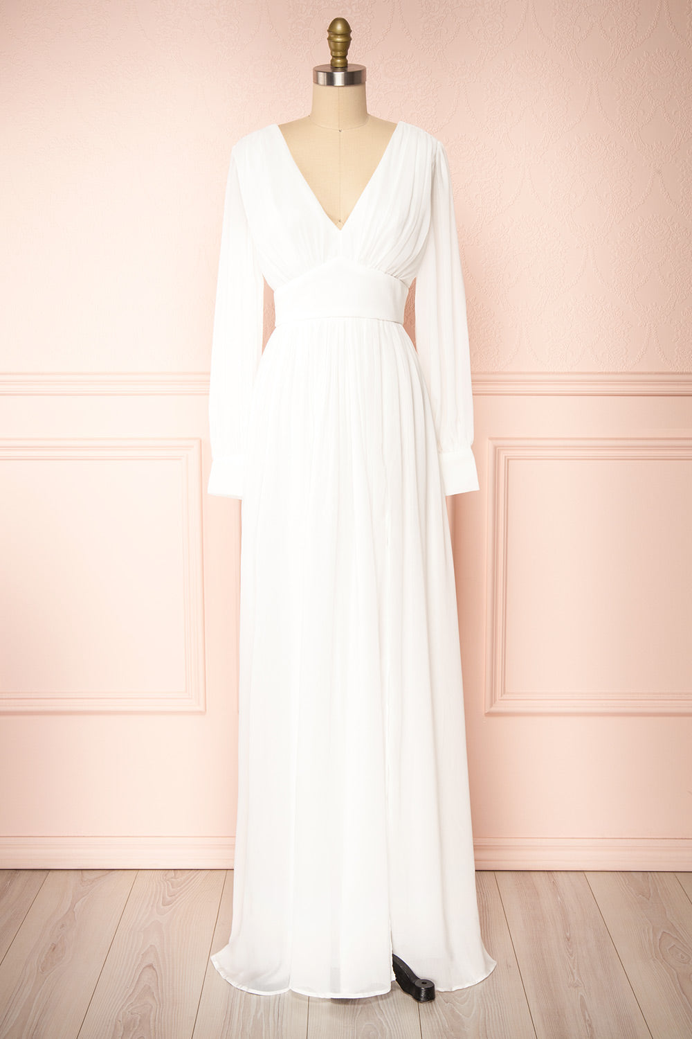 Treyloni White Long Sleeve Chiffon Maxi Bridal Dress | Boudoir 1861 front view