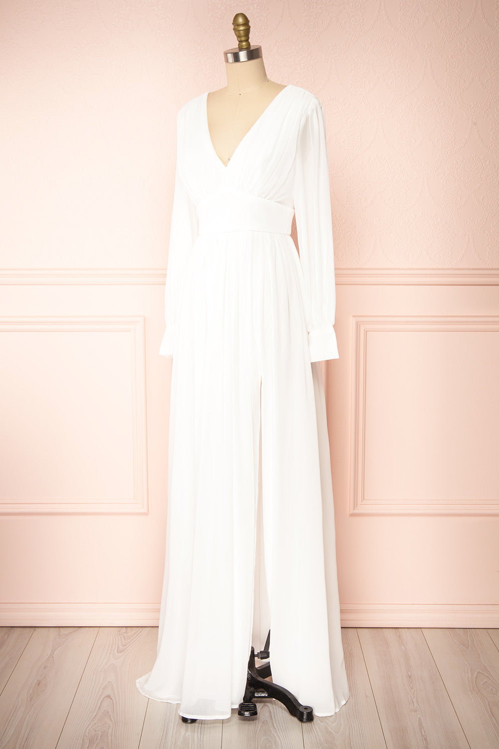 Treyloni White Long Sleeve Chiffon Maxi Bridal Dress | Boudoir 1861 side view