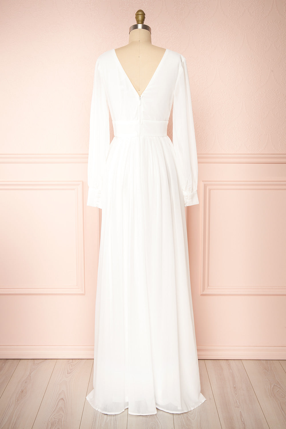 Treyloni White Long Sleeve Chiffon Maxi Bridal Dress | Boudoir 1861 back view